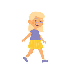 Smiling happy kid wearing eyeglasses and skirt walking isolated on white background. Vector illustration cartoon flat style.