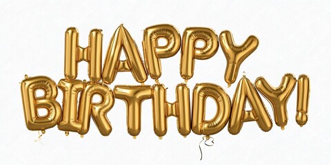 Fototapeta premium Golden foil balloon letters spelling HAPPY BIRTHDAY on transparent background in horizontal format. Shiny metallic party decoration for celebration, festive event, anniversary or greeting card concept