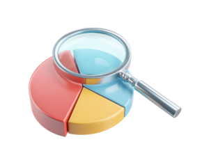 Data analysis with pie chart and magnifying glass on a transparent background, cut out