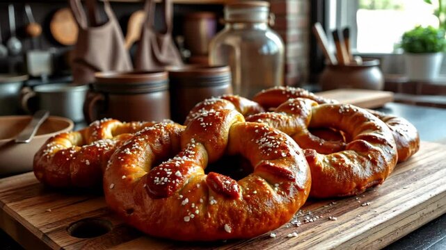 German bakery displaying freshly baked pretzels on wooden tray, shiny brown crust