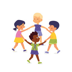 Happy, smiling international kids playing together. Holding each other hands. Diversity. Kids friendship concept. Vector illustration cartoon flat style