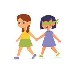 Girl holding hand her friend and helping her. Children playing blindfolded. Kids friendship concept. Vector illustration cartoon flat style.