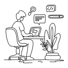 Male Programmer Working Online. Coding website interface on laptop. Simple, modern illustration. Ideal for tech articles, tutorials. Diligent, industrious mood