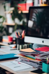 Office workspace with cluttered desk, computer monitor, stationery, colorful files, and plants, showcasing productivity, organization, and work-life balance.