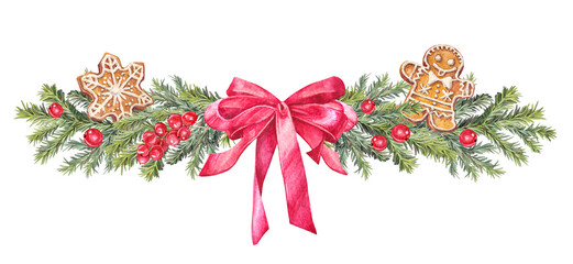Watercolor border with Christmas tree branch with gingerbread man and berry and red bow isolated on white background. Forest frame for card. Hand-drawn clipart for New Year celebration wallpaper