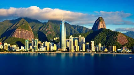Modern city skyline with tall skyscraper near the coast against mountainous backdrop