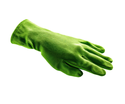 Green cleaning glove for household tasks and chores on a transparent background, cut out