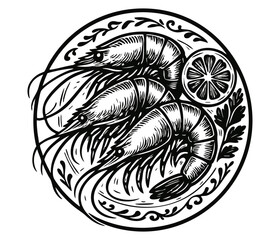 Shrimp on beautiful plate. Top view vector prawn illustration. Delicacy restaurant dish. Food presentation