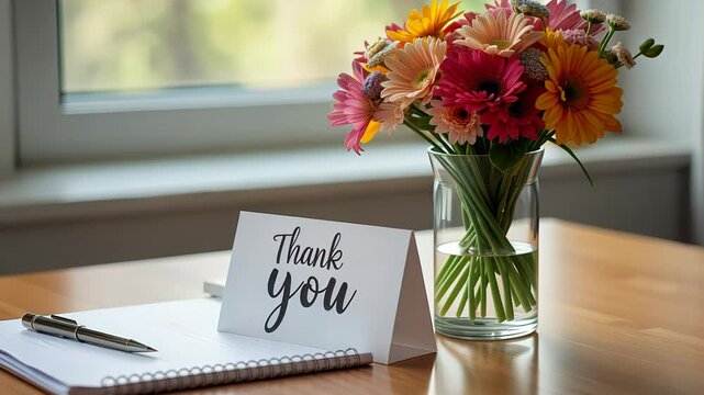 Thank you card beside a vase of colorful flowers on a table  