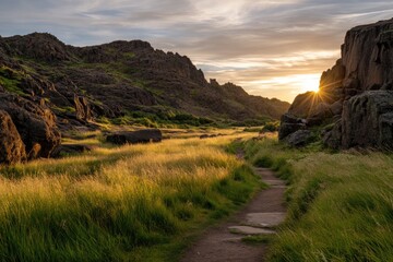 Golden path through rocky valley at sunset