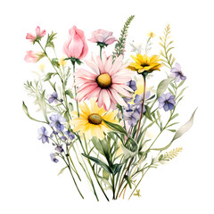 Obraz premium watercolor wildflower bouquet on transparent background, elegant spring flowers png, wedding invitation floral, botanical watercolor art,beautiful wildflower arrangement, painted floral illustration