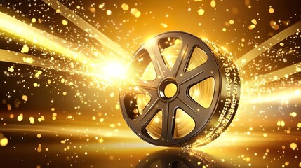 Obraz premium 3D film reel with light rays on a golden background