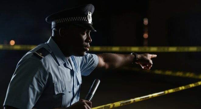 African male police officer directing at crime scene with caution tape