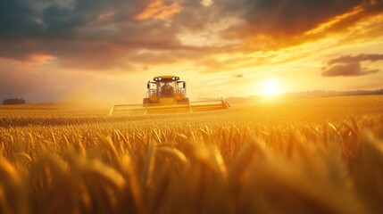 Fototapeta premium Golden Hour Harvest: A Combine Harvester in a Wheat Field at Sunset