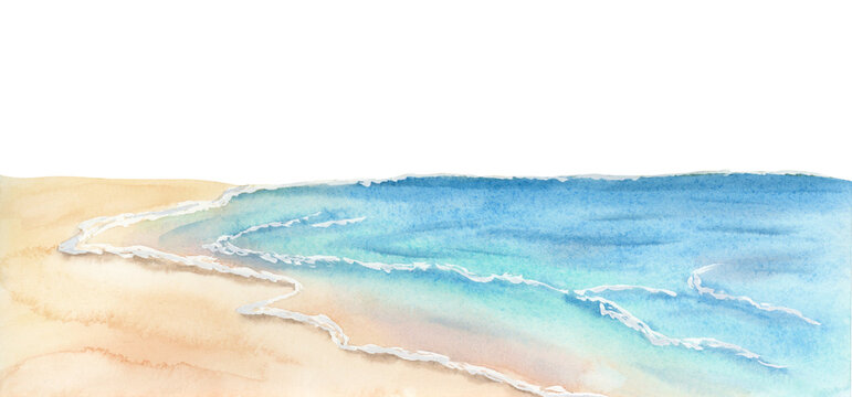 Watercolor tropical seascape illustration isolated on white. Calm ocean coast with sand horizontal clip art for Florida summer vacation designs in bright blue and turquoise colors