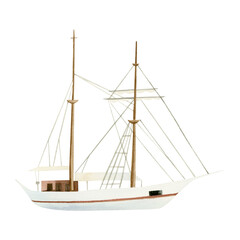 Simple watercolor ship illustration isolated on white. Sailboat drawing in pastel beige blue colors for tourist and travel design. Hand drawn recreational yacht in marine nautical style
