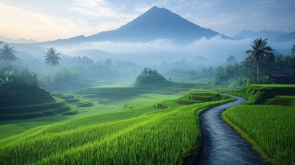 Obraz premium Serene Rice Terraces and Majestic Mountain at Dawn