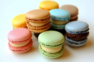 Fototapeta premium A delightful assortment of colorful macarons, showcasing their delicate layers and creamy fillings. Perfect for food blogs, bakeries, and dessert-themed projects.