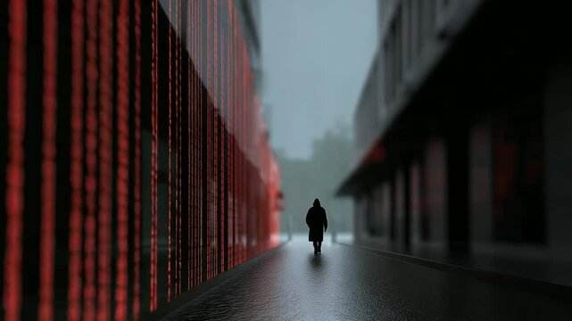 A lone hacker in a digital rain-soaked alley with red alerts