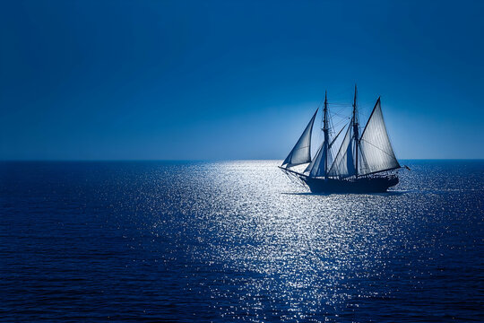 Silhouette of a sailing ship on calm ocean at night with moonlit reflection