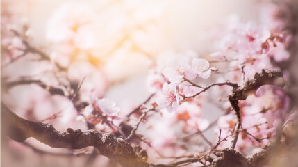 Cherry blossoms blooming in soft pink hues against a blurred background  