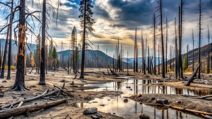 Serene Sunset Over a Burned Forest, Reflecting in Still Waters, Showing the Resilience of Nature