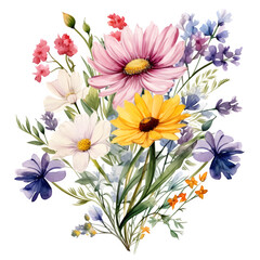 watercolor wildflower bouquet on transparent background, elegant spring flowers png, wedding invitation floral, botanical watercolor art,beautiful wildflower arrangement, painted floral illustration