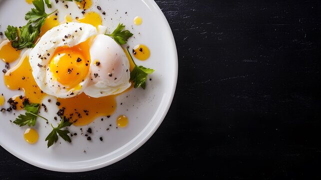 A close up of two beautifully poached eggs served on a white plate with parsley and black pepper against a dark background, showcasing a culinary creation. - Powered by Adobe