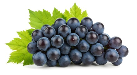 Fototapeta premium Fresh red grapes with green leaves isolated on white background, perfect for food, health, wine, and organic concept designs.