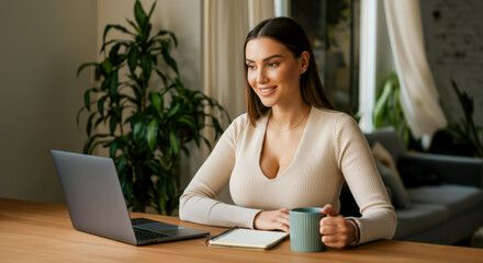 Professional woman engages in virtual meeting from modern home office with a confident expression