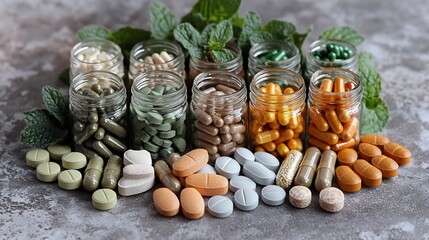 Assorted dietary supplements in glass jars and loose pills with fresh mint leaves