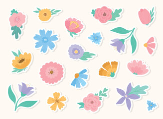 Cartoon flowers stickers, clipart, doodles collection for prints, cards, stickers, signs, banners, planners, etc. EPS 10