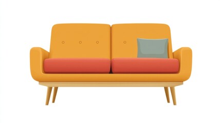 A modern orange sofa with red cushions and a single blue pillow, set against a plain white background.