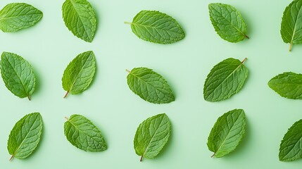 Fresh green mint leaves arranged in a neat pattern on a light green background.