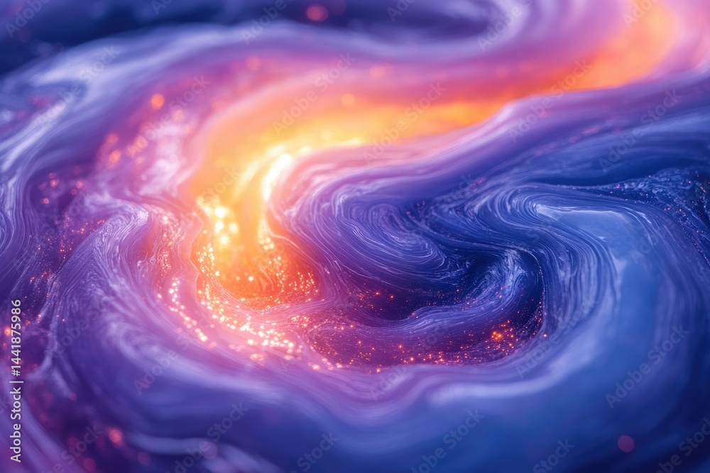 Poster abstract swirling nebula with vibrant colors and glittering particles, cosmic energy.