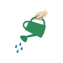 Obraz premium Hand Holds Watering Can and Waters. Pouring Gesture. Gardening Plant Care concept. Irrigation symbol. Flat vector illustration