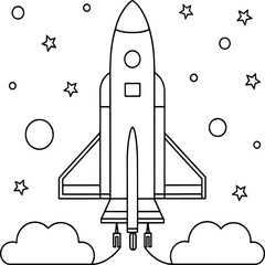 outlined rocket blasting into space with planets and stars coloring page vector illustration