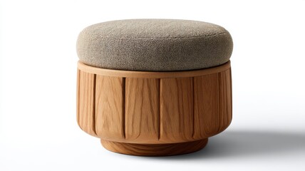 A modern round ottoman with a textured fabric cushion and a carved wooden base, suitable for contemporary interiors.