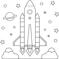 rocket launching line drawing with stars and planet coloring page vector illustration