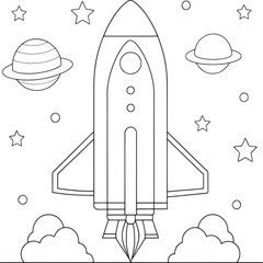 rocket launching into space simple line drawing coloring page vector illustration