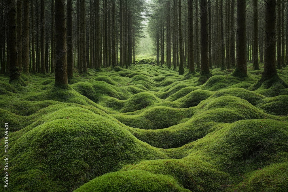 Poster a lush green moss carpet blankets the forest floor, creating a surreal and undulating landscape betw
