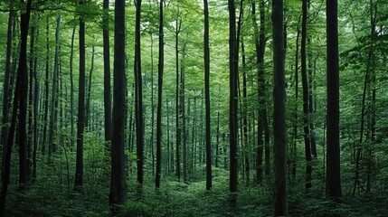 Fototapeta premium Lush green forest canopy dense trees summer nature woods dark park view light plant image photo