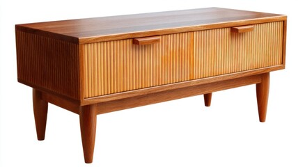 A stylish wooden sideboard with textured doors and mid-century modern design, standing on four tapered legs.