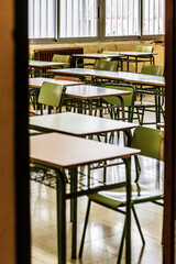 Tables in an old classroom, IES Llucmajor secondary school, Llucmajor village, Mallorca, Balearic Islands, Spain