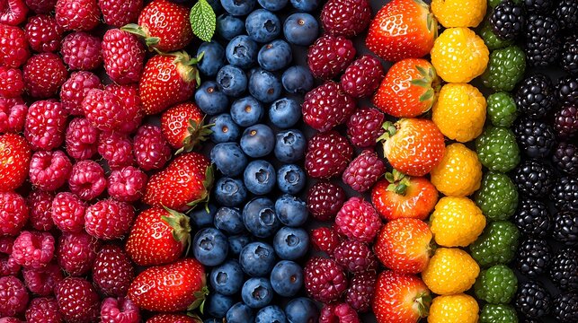 A colorful assortment of fresh berries arranged in neat, vibrant rows.