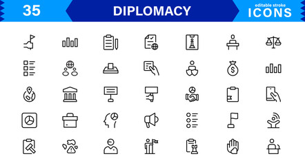 Professional Diplomacy Icon Set Vector Illustration. Most Useful Icons for International Relations, Government, and Peace Negotiations