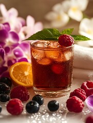 Refreshing iced berry tea drink in rocks glass garnished with mint and raspberries on bright background.