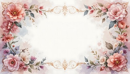 Elegant Floral Frame Design with Watercolor Texture and Ornament Decoration