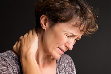 Documentary photo of woman with neck pain and highlighted cervical spine segment