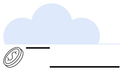 Coin near a cloud highlights online finance, savings, or cloud-based money management. Ideal for banking, budgeting, cloud security, fintech, digital economy innovation technology. Flat simple